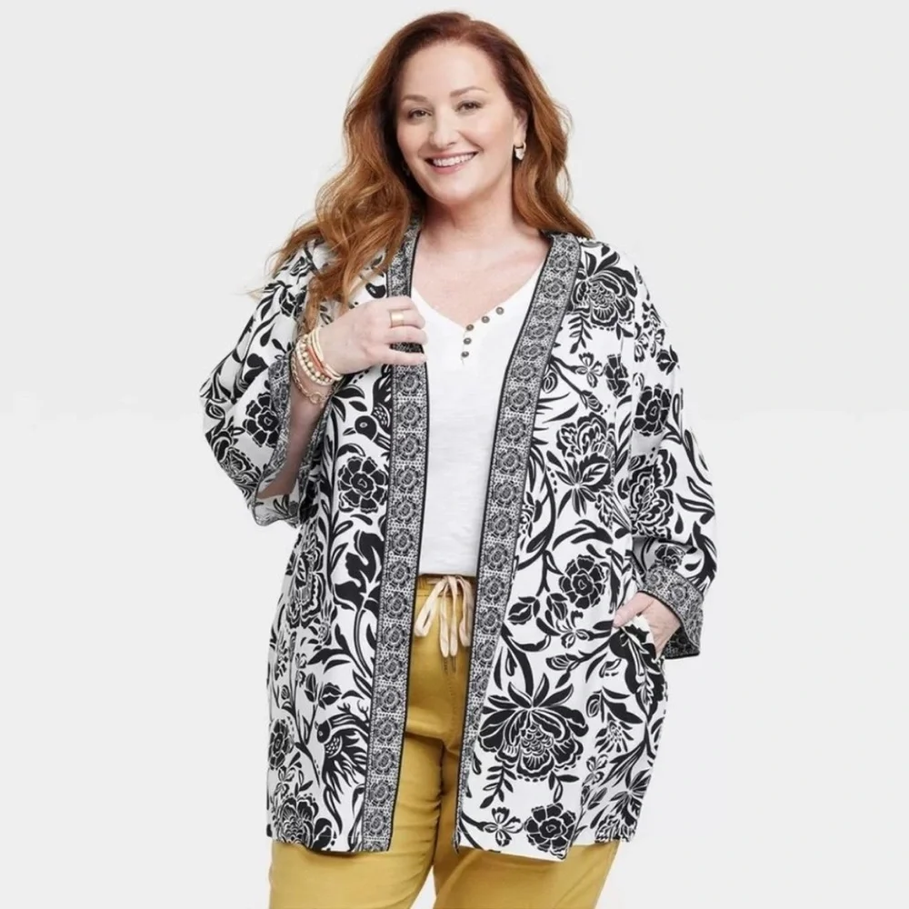 Knox Rose Black and White Floral Womens Robe Kimono Caftan sz XL or XXL NEW!